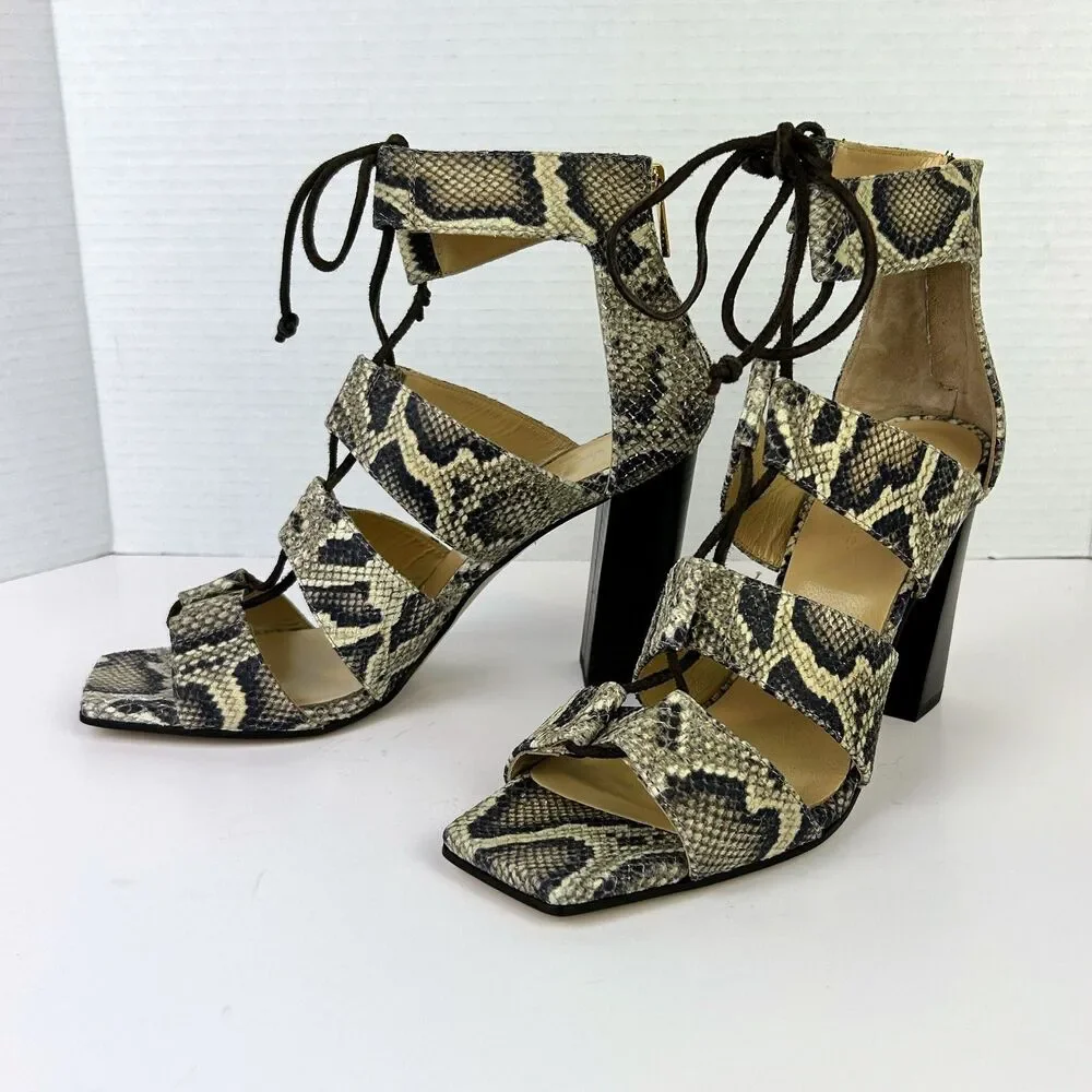 Banana Republic Almeria Sandals Open Toe Block Heels Snake Print Tan Leather 8.5
